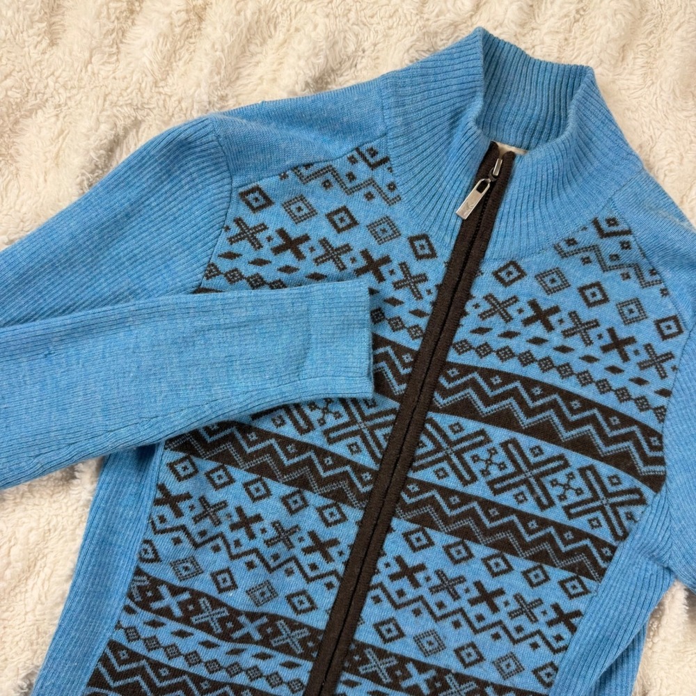 Neve Designs 100% Wool Full Zip Nordic Fair Isle Sweater Mock Neck M Flaw